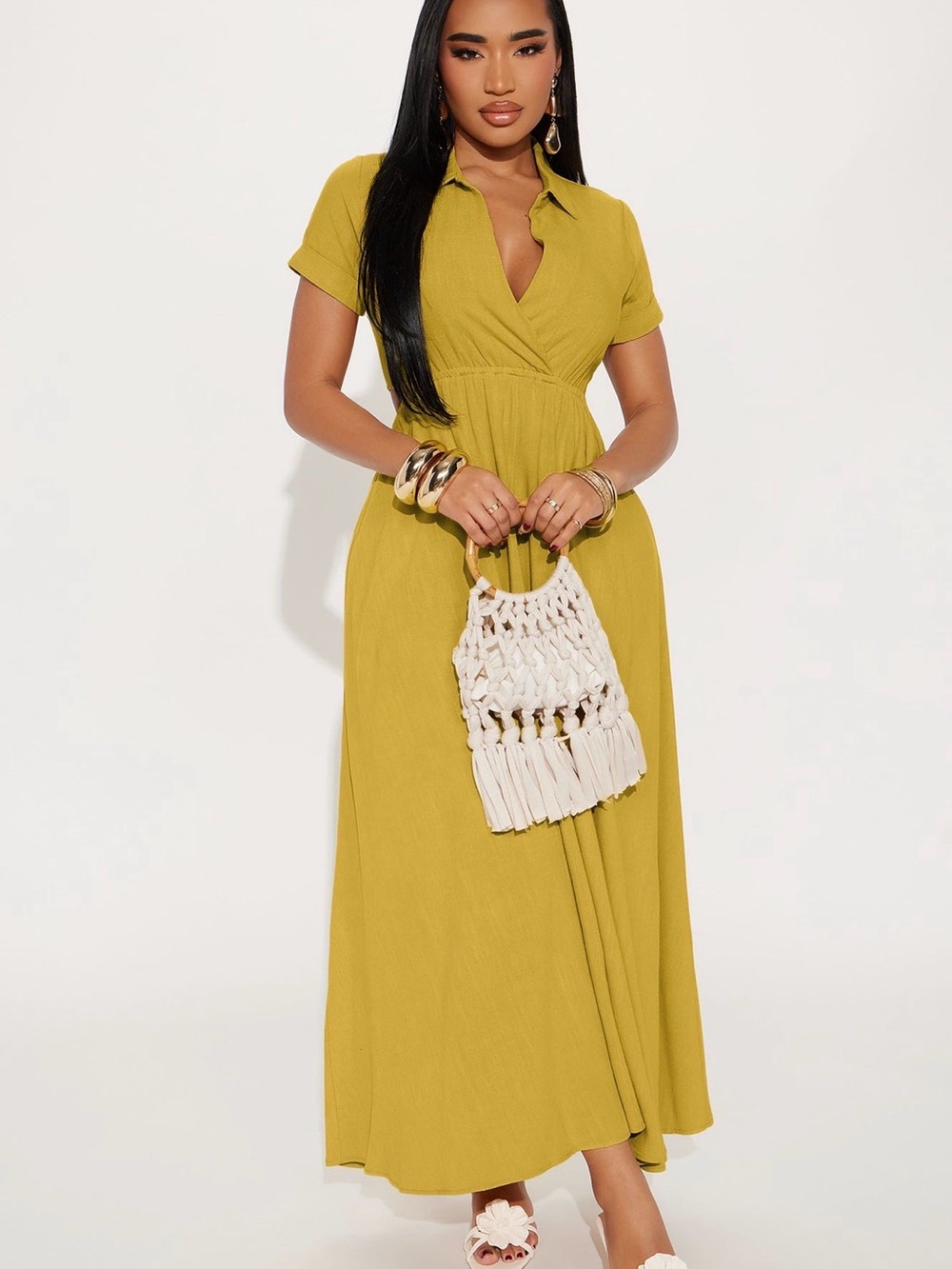 Fashion Nova Mustard Short-Sleeve Maxi Dress
